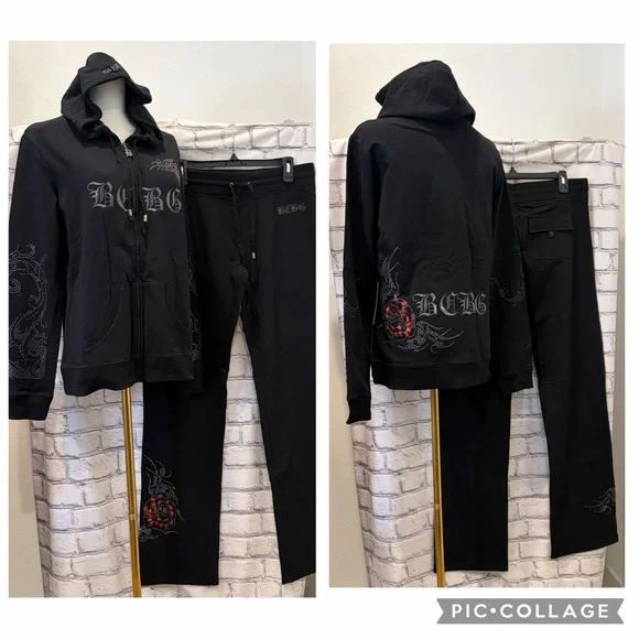 BCBG Maxazria:XL Black Hoodie and Pants Set with Red Accents 95% Cotton Pockets - Picture 1 of 16